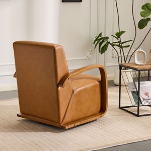 Fauteuil pivotant en similicuir de luxe avec accoudoirs en bois massif, confort ergonomique pour salon ou bar - Product Image 4