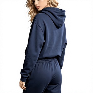 Women's Navy Blue Hoodie Jogger Set Full Sleeve Regular Fit Casual Two Piece Tracksuit Solid Color Knitted Cotton Eco-Friendly - Product Image 2