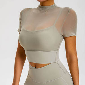 Custom Wholesale Plus Size Womens Athletic Compression Breathable Quick Dry Crop <b>Top</b> <b>Elastic</b> Fitted <b>Hem</b> Half Sleeve Crew Neck - Product Image 2