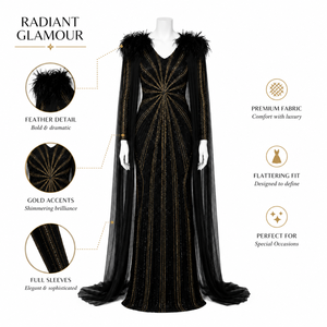 Luxury Black Gold Sequin Evening Gown Women | Feather Shoulder Cape Sleeve Formal Party Dress Designer Red Carpet Maxi Wear Gown - Product Image 5