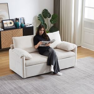 64.5 Inch Soft Corduroy Convertible <b>Sleeper</b> <b>Sofa</b> Bed 3 in 1 Adjustable Pullout with 2 Side Pockets and Pillows - Product Image 5