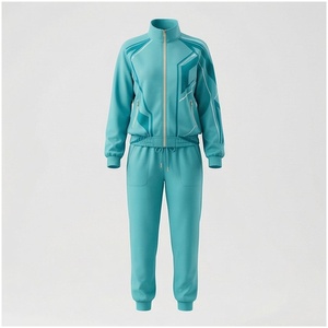 Women's Turquoise Geometric Tracksuit Full <b>Zip</b> Jacket With Side <b>Pockets</b> Sporty <b>Jogger</b> Pants Set Spring Casual Wear - Product Image 1