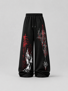 Pantalon de survêtement noir à imprimé gothique unisexe, coupe ample, longueur intégrale, imprimé numérique, fermeture à cordon, pour l'automne - Product Image 1