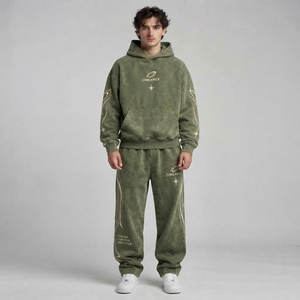 Men's <b>Oversized</b> Olive Green Acid Wash Hoodie Tracksuit Sets Heavyweight Streetwear Cotton <b>Jogger</b> Matching Sweat Suit Custom - Product Image 1
