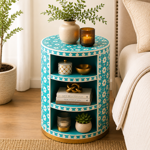 Floral Design Resin Bone Inlay Nightstand With Shelf Luxury Cabinet <b>Bedside</b> End <b>Table</b> For Bedroom Hotel Premium Home Interior - Product Image 1