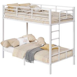 Letto a castello in ferro bianco, pieghevole e stabile, con telaio in metallo Twin XL, tubo quadrato, sponda alta e scaletta laterale apribile - Product Image 6