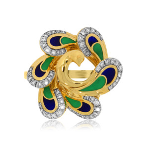Anillo de Diseño de Lujo para Mujer, Chapado en Oro Amarillo, Inspirado en Plumas de Pavo Real, con Esmalte Azul Verde y Circonita Cúbica - Product Image 3