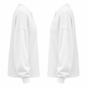 Women's <b>White</b> Oversized Knit Henley Pullover <b>Long</b> <b>Sleeve</b> Cotton <b>Top</b> Button Up Collar Autumn Style - Product Image 4