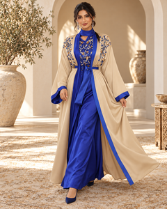 Caftán marroquí elegante en azul real y beige champán con bordado de cuentas, mangas anchas maxi, cinturón y bufanda a juego. - Product Image 5