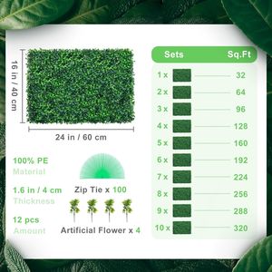 12 Pezzi Pannelli di Siepe Artificiale in Bosso 60x40 cm, 32 Piedi Quadrati, Pannelli per Parete Divisoria e Sfondo Privacy, Pannelli di Siepe Artificiale Spessi 4 cm, 12 Pezzi - Product Image 4