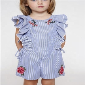 Barboteuse à rayures moderne pour enfants, tenue brodée à fleurs, manches évasées, tunique en coton pour petits filles, tendance été 2019 - Product Image 2
