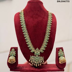 Traditional South Indian Temple Long Bridal Necklace <b>Set</b> Alloy Gold Plated Zircon Earrings Vintage Wedding Anniversary Party - Product Image 3