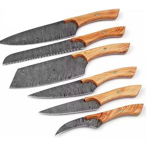Traditional Style 6-Piece Damascus Steel Chef <b>Knives</b> with Wooden Handle <b>Sharp</b> Serrated Edge for Multi-Purpose Eco-Friendly - Product Image 1