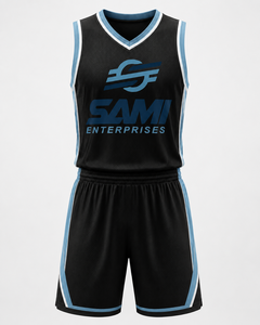 Ensemble de maillots de basketball SAMI ENTERPRISES, uniforme en mesh sublimé noir et bleu, col en V, sans manches, taille élastique, tenue d'équipe personnalisée pour - Product Image 1