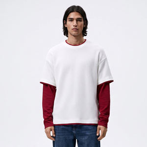 T-shirt gaufré oversize à col rond pour homme, style streetwear, à manches longues - Product Image 2