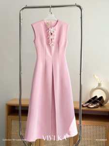 Vestido Maxi Rosa sin Mangas para Mujer, Cintura Definida, DORA VIVI KA, Casual, Tela de Microfibra, Corte en A, Ajustado - Product Image 3