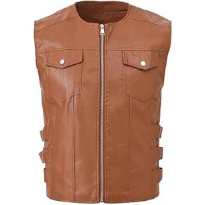 Gilet en cuir PU personnalisé pour homme, style motard, sans manches, boutons dissimulés, poches avant, col rond, décontracté, respirant, vêtement d'extérieur pour l'hiver - Product Image 2