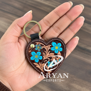 Best Selling Hair on Cow Hand Tooled <b>Leather</b> Heart Shape <b>Key</b> Fob Carved Genuine <b>Leather</b> Keyring Turquoise Flower Luxury Keychain - Product Image 1
