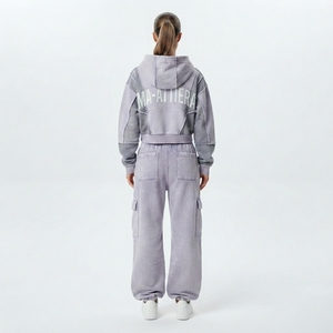 Women Washed <b>Cropped</b> Zip Up Hoodie and Wide Leg Cargo <b>Jogger</b> Pants Two Piece Tracksuit Set - Product Image 2