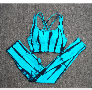 <b>Tie</b> <b>Dye</b> Yoga <b>Set</b> Women 2 Piece Crop Top Full Length Leggings High Waist Spandex Polyester Breathable Striped Crisscross Straps - Product Image 3