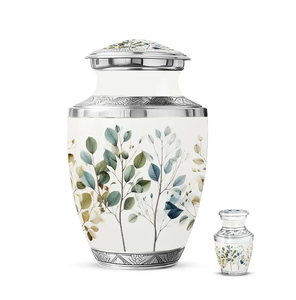 <b>White</b> Aluminium Cremation Urn With Floral Leaf Design <b>Silver</b> Trim Adult Size - Product Image 3