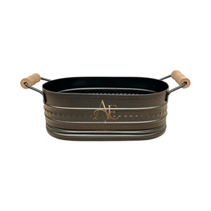 Matte Black Ribbed Oval Galvanized Steel Beverage Tub With Wooden Grips Handles Ribbed Wine <b>Cooler</b> For Party Tableware - Product Image 1