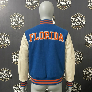 Chaqueta Universitaria Personalizada Azul y Blanca para Hombre, Chaqueta Bomber de Béisbol para Escuela Secundaria y Universidad con Parches de Chenilla Florida - Product Image 2