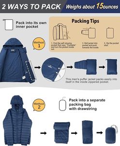Veste matelassée à capuche bleu marine pour homme, coupe-vent, rembourrage en polyester, fermeture éclair, coupe classique, décontractée, hiver - Product Image 2