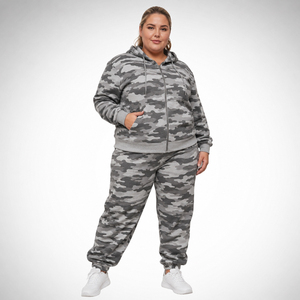 Ensemble survêtement femme grande taille imprimé camouflage avec sweat à capuche zippé et pantalon de jogging en molleton bouclette - Product Image 2