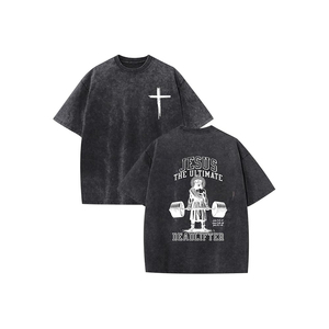 T-shirt surdimensionné pour homme Jesus The Ultimate Deadlifter, noir, manches courtes, style streetwear, imprimé graphique, col rond, jersey en coton - Product Image 1