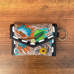 Porte-monnaie multifonctionnel en cuir véritable de style occidental pour femmes, avec motif floral, porte-clés, populaire, fait à la main - Product Image 4