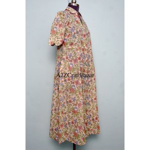 Kangura Women's Modern Sweet Eco-friendly 100% Cotton Floral A-Line Midi Dress V-Neck Short Sleeve Button Decoration Washable - Product Image 3