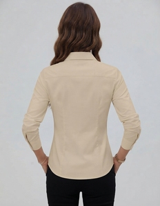 Women's Beige Classic Button Down <b>Shirt</b> Full Sleeve Poplin Cotton Turn-Down Collar Regular Fit <b>Office</b> Wear - Product Image 3