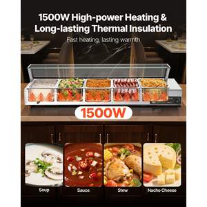 Commercial 1500W <b>Electric</b> Stainless Steel <b>Food</b> <b>Warmer</b> 5 1/2 Size Glass Cover Countertop <b>Buffet</b> Bain Warming Holding Equipment - Product Image 2
