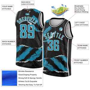 Maillot de basket-ball personnalisé bleu et noir, débardeur, impression sublimée, polyester respirant, vêtements de sport pour hommes, nom et numéro d'équipe personnalisés - Product Image 2