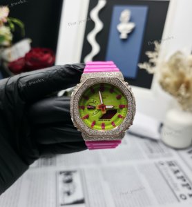 Montre analogique-numérique Bust Down avec lunette en moissanite VVS, bracelet en caoutchouc rose, boîtier rond, cadran pour femme, luxe et mode - Product Image 5