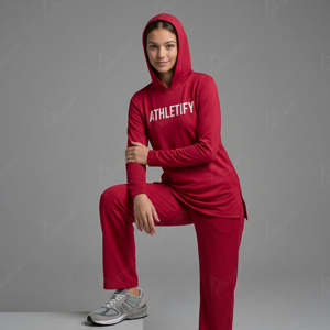 Conjunto de Túnica con Capucha y Pantalones para Mujer, Color Rojo Sólido, Manga Larga, Ropa Deportiva Islámica, Traje Deportivo para Fitness y Yoga, para Todas las Temporadas - Product Image 1