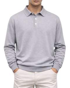 เสื้อโปโลแขนยาวสีเทาอ่อนสำหรับผู้ชาย ผ้าคอตตอนผสมเนื้อนุ่ม สวมใส่สบาย คอปกคลาสสิก เหมาะสำหรับฤดูหนาว ผลิตโดยผู้ผลิต - Product Image 1