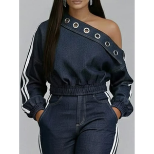 Conjunto de un solo hombro con adornos de ojales en azul denim - Product Image 1