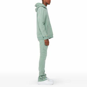 Ensemble de survêtement décontracté pour homme en polaire polyester vert clair à capuche 220g, couleur unie, séchage rapide, longueur intégrale, collection automne - Product Image 2