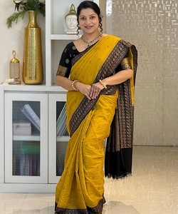 Sari de Seda Amarillo con Borde Negro, Ropa Tradicional India y Pakistaní para Bodas, para Todas las Temporadas, 85169 TWT 1095 - Product Image 2