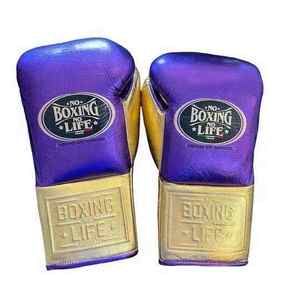 Guantes de Boxeo Personalizados de Alta Calidad, Sin Boxeo No Hay Vida, de Cuero Genuino, para Entrenamiento y Sparring, con Cierre de Cordones, Dedos Completos, Morado y Dorado - Product Image 1