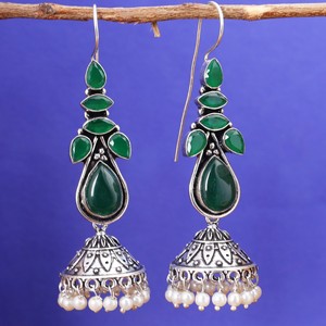 Factory Direct Green Stone <b>Oxidized</b> Silver Jhumka Earrings Handmade Ethnic Boho Pearl Drop Earrings for Women Wholesale Jewelry - Product Image 6