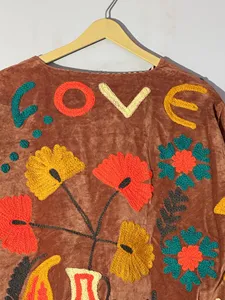 Women Brown Embroidered <b>Velvet</b> Suzani <b>Jacket</b> With Floral Pattern Boho Full Sleeve V-Neck Prairie Chic Style Winter Outerwear - Product Image 5