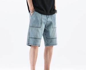 Men's <b>Light</b> Wash Denim Cargo Shorts Mid Waist Cotton Casual Summer Style With Pockets Topstitch Detail Woven Fabric - Product Image 1