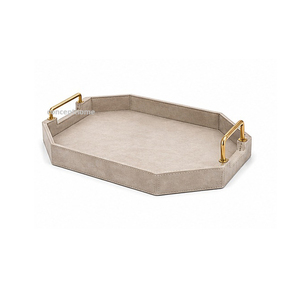 Bandeja Rectangular de Cuero Beige para Servir con Asas Doradas, Acabado Metálico Pulido de Color Sólido, Uso Residencial - Product Image 6