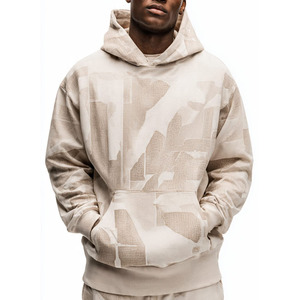 Sweat-shirt à capuche noir pour homme avec imprimé abstrait blanc, poche, coupe ample décontractée, 100% coton, tissu en molleton français, vêtement d'automne - Product Image 3