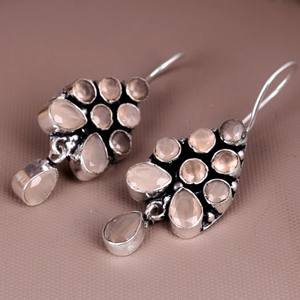 Boucles d'oreilles pendantes ethniques bohèmes en argent oxydé avec pierre pêche, bijoux fantaisie vintage faits à la main - Product Image 4