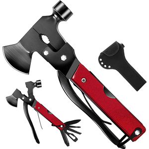 Hache de survie multi-outils avec tête de marteau et hache, manche en aluminium rouge, lames en acier inoxydable, utilisation tactique en extérieur - Product Image 3