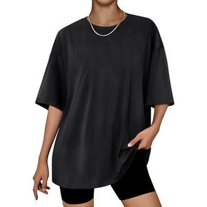 Camiseta Negra Oversize de Cuello Redondo para Mujer, Manga Corta, Corte Holgado, 100% Algodón Jersey, Color Sólido, Transpirable, para Todas las Temporadas - Product Image 2